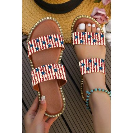 Fiery Red American Flag Print Double Band Flat Slippers