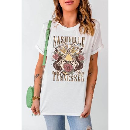 White Nashville Tennessee Guitar Rose Graphic Crewneck Tee