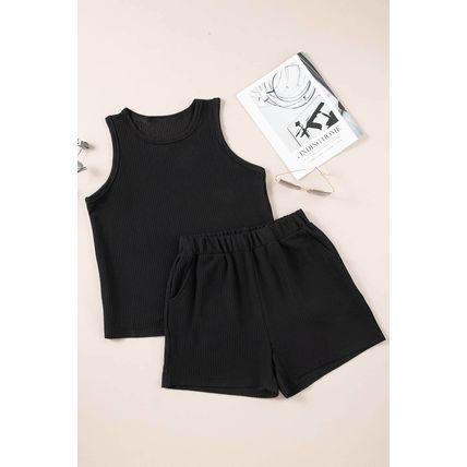 Black Corded Sleeveless Top and Pocketed Shorts Set