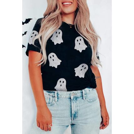 Black Glitter Ghost Pattern Crew Neck Halloween T Shirt