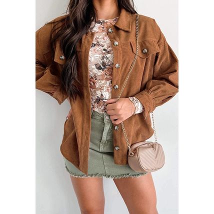 Cinnamon Corduroy Flap Pocket Button Up Round Hem Shacket
