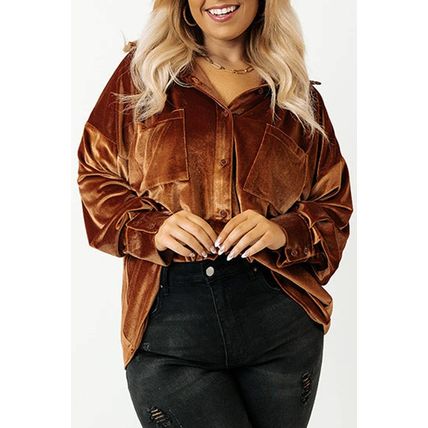 Chestnut Plus Size Velvet Chest Pocket Drop Shoulder Shirt