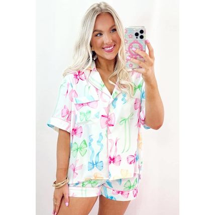 White Bowknot Print Buttoned Shirt High Waist Shorts Pajama Set