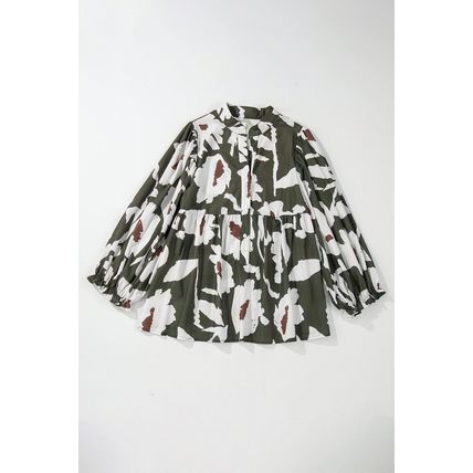 Four Leaf Clover Abstract Floral Print Puff Sleeve Half Button Blouse