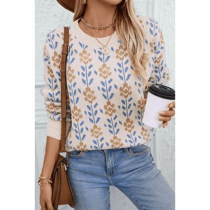 Apricot Floral Pattern Crew Neck Sweater