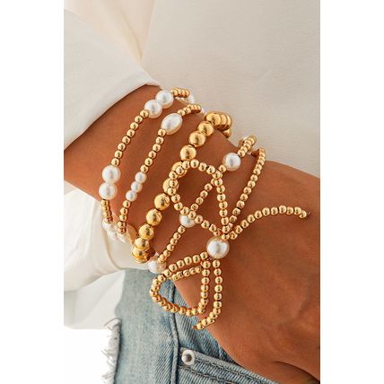 Gold Bow Knot Pearl Beaded Multi Layered Bracelet Set