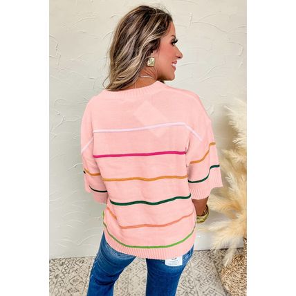 Pink Colorblock Striped Half Sleeve Drop Shoulder Sweater