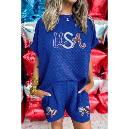Sky Blue Sequined USA Bowknot Buttoned Back Textured Short Set