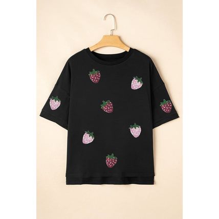 Black Sequin Strawberry Graphic High Low Relaxed Fit Tee