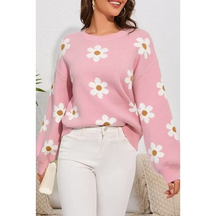 Pink Floral Pattern Drop Shoulder Sweater