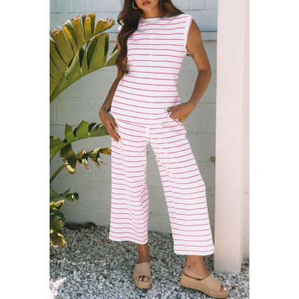Rose Stripe Casual Wide Leg 2pcs Pants Set