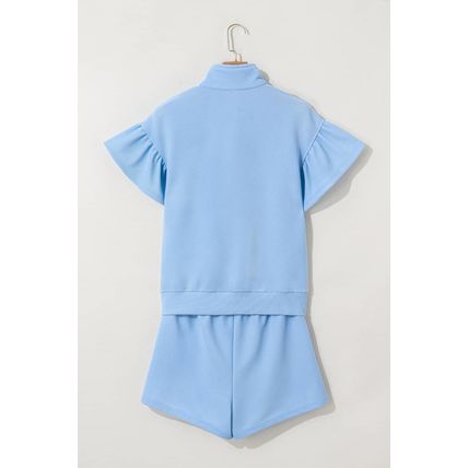 Beau Blue Ribbed Texture Half Zip Ruffled Short Sleeve Top and Shorts Set
