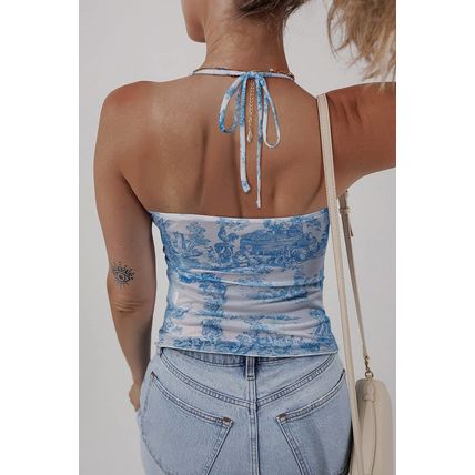 Sky Blue Random Printed Mesh Bow Detail Halterneck Tank Top