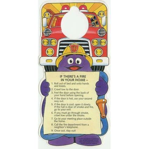 1993 McDonalds Grimace Fire Safety Door Hanger