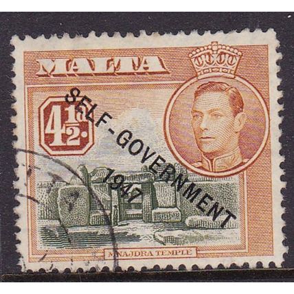 MALTA 1948 SELF-GOVERNMENT 1947 OVERPRINT ON 4 1/2d OLIVE & BROWN USED SG241