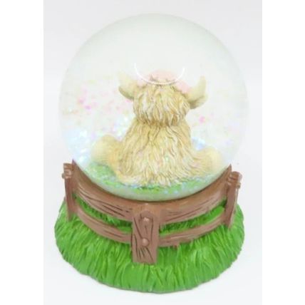 Highland Cow Snow Globe Glitter with a Pink Floral Headband 9 CM Gift Home Decor
