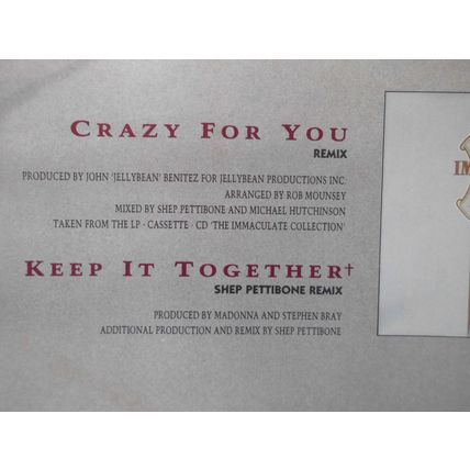 12" MADONNA SINGLE.1991.CRAZY FOR YOU.SIRE W0008T.9362-40021-0, EXCELLENT CON
