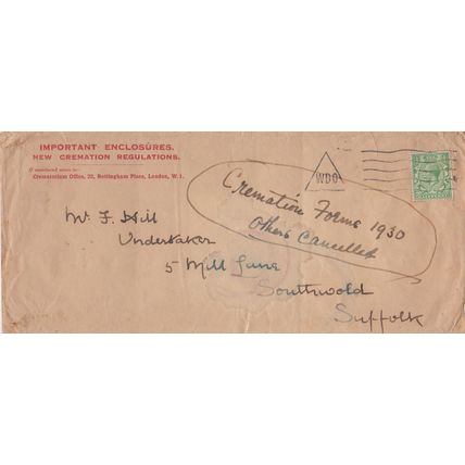 GB 1930 cover with New cremation Regulations envelope and WDO triangle slogan