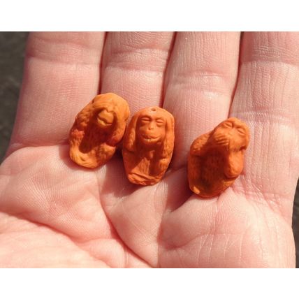 3 Vintage Glass Monkey Beads See No Evil Hear 20mm x 12mm Orange Opaque bd108