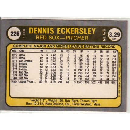 1981 Fleer Dennis Eckersley baseball card #226 -NM-HOF- Red Sox