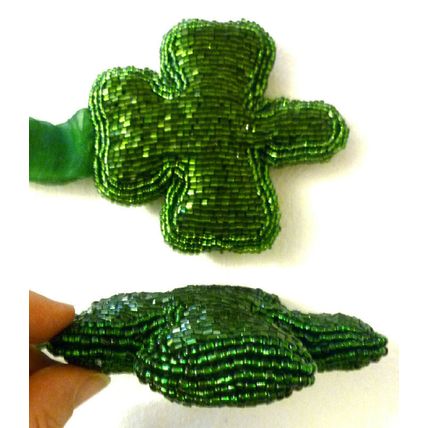 "PAIR SMALL GREEN FULLY BEADED IRISH SHAMROCK ORNAMENTS CHRISTMAS DECORATION"