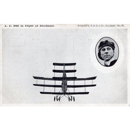 AV Roe In Flight At Blackpool Plane Pilot Antique Rare Postcard