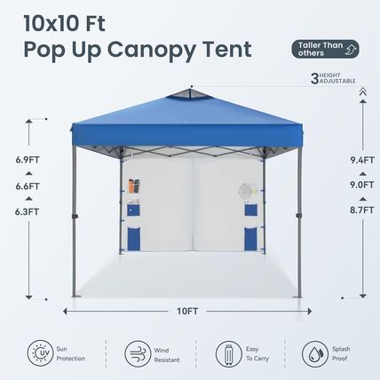 PHI VILLA Canopy Tent 10'x10' 1 Person Easy Setup, Vented Roof, Sandbags, Blue