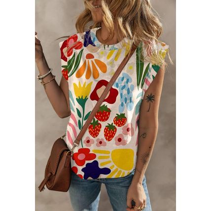 Khaki Flower Print Round Neck Cap Sleeve T Shirt