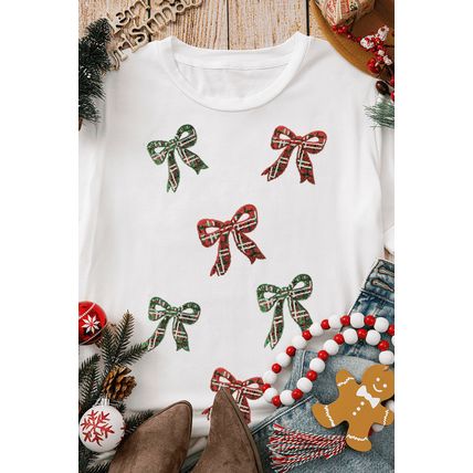 White Christmas Bowknot Graphic Cotton Blend T Shirt