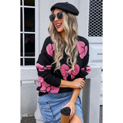Black Valentine Bowknot Knitted Round Neck Fashion Sweater