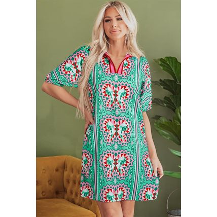 Mint Green Geometric Butterfly Print Split Neck Short Sleeve Dress