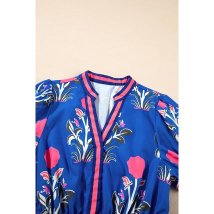 Sky Blue Floral Puff Short Sleeve V Neck High Waist Maxi Dress