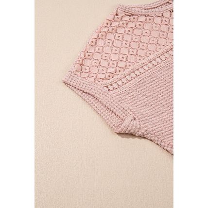 Light Pink Lace Patchwork Waffle Short Sleeve Top