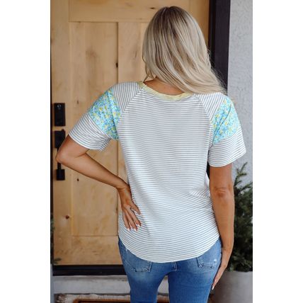White Stripe Floral Insert Sleeves Contrast Round Neck Tee