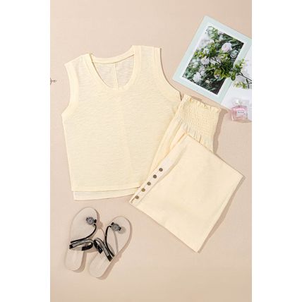 Beige Solid Color Tank Top and Smocked Waist Pants Set