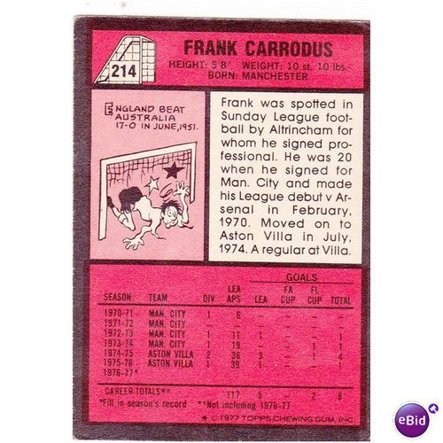 1977 Topps UK Card No. 214 Frank Carrodus Aston Villa