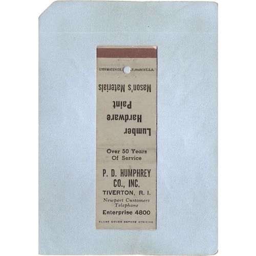 Rhode Island Tiverton Matchcover P D Humphrey Co Inc w/Low Phone Number~1141