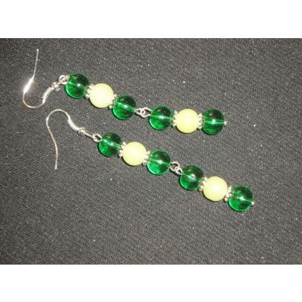 Stunning dark & lime green crystal glass long drop earrings