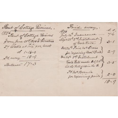 Itemized rent account 1896 for a cottage see my others