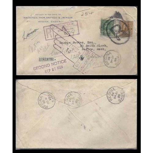 Canada REGISTERED Combo Admiral 1926 Regina SASK, Large Hand RETURN, 2nd Notice