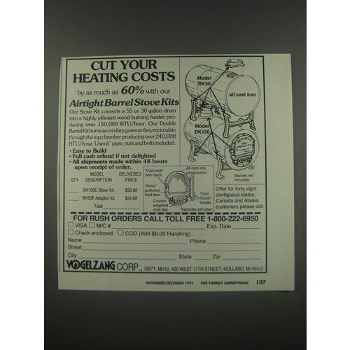 1991 Vogelzang Barrel Stove Kits Ad - Cut your heating costs