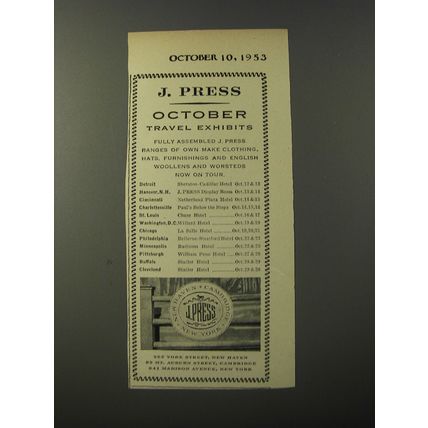 1953 J. Press Fashion Ad - J. Press October Travel Exhibits