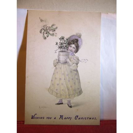 WISHING YOU A HAPPY CHRISTMAS used antique postcard c.1908 girl with pot plant =