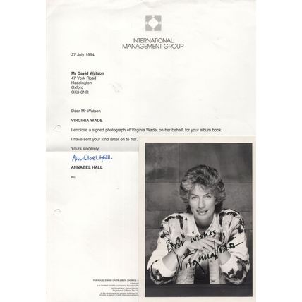 Virginia Wade Hand Signed Tennis Photo & Management Letter