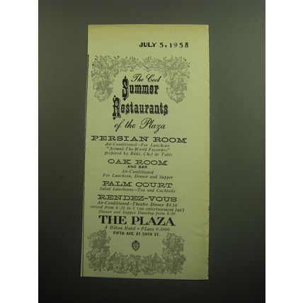 1958 The Plaza Hotel Ad - The good summer restaurants of the Plaza