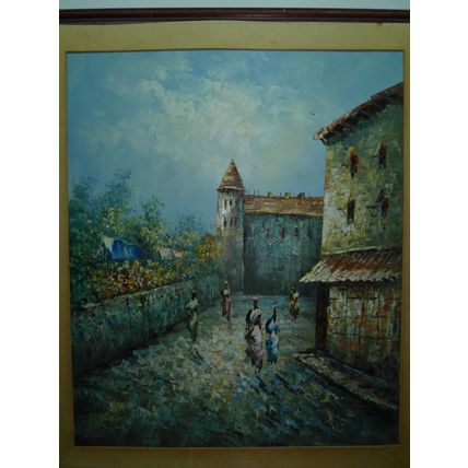 Vintage Impasto Oil Painting, Medieval Moorish Women Castle & Alley, 61 x 52 cm