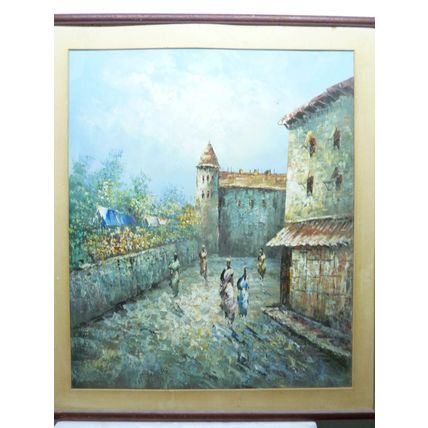 Vintage Impasto Oil Painting, Medieval Moorish Women Castle & Alley, 61 x 52 cm