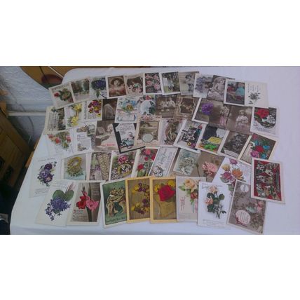 50 Vintage EDWARDIAN/GEORGIAN VINTAGE GREETING POSTCARDS some with stamps
