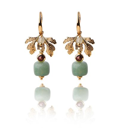 Aventurine Earrings, Gold Leaf Earrings, 24k Gold Plated Earrings, Green
