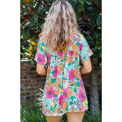 Multicolor Floral Print Short Sleeve Babydoll Blouse
